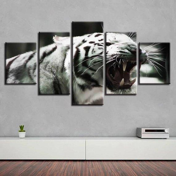 Black And White Tiger 3 - Animal 5 Panel Canvas Art Wall Decor Black And White Tiger 3 - Animal 5 Panel Canvas Art Wall Decor