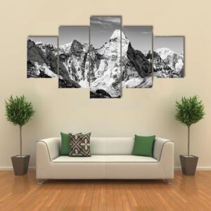 Black And White View Of Ama Dablam - Nature 5 Panel Canvas Art Wall Decor
