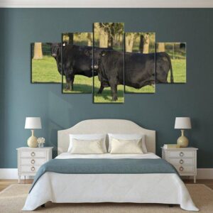 Black Angus Bulls - Animal 5 Panel Canvas Art Wall Decor