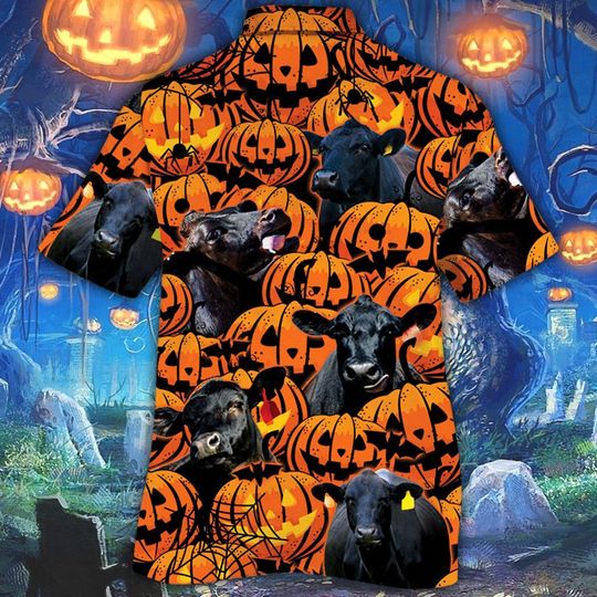 Black Angus Cattle Halloween Pumpkin Hawaiian Shirt Black Angus Cattle Halloween Pumpkin Hawaiian Shirt