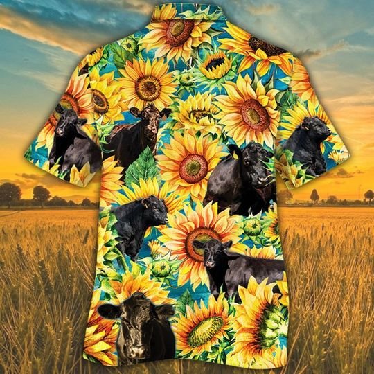 Black Angus Cattle Sunflower Watercolor Hawaiian Shirt Black Angus Cattle Sunflower Watercolor Hawaiian Shirt