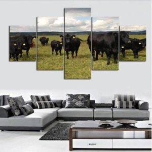 Black Angus Cow Farm - Animal 5 Panel Canvas Art Wall Decor