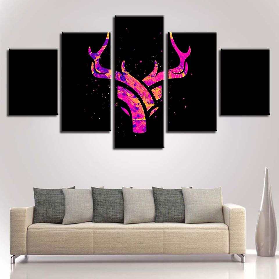 Black Background Purple Antlers - Abstract 5 Panel Canvas Art Wall Decor Black Background Purple Antlers - Abstract 5 Panel Canvas Art Wall Decor