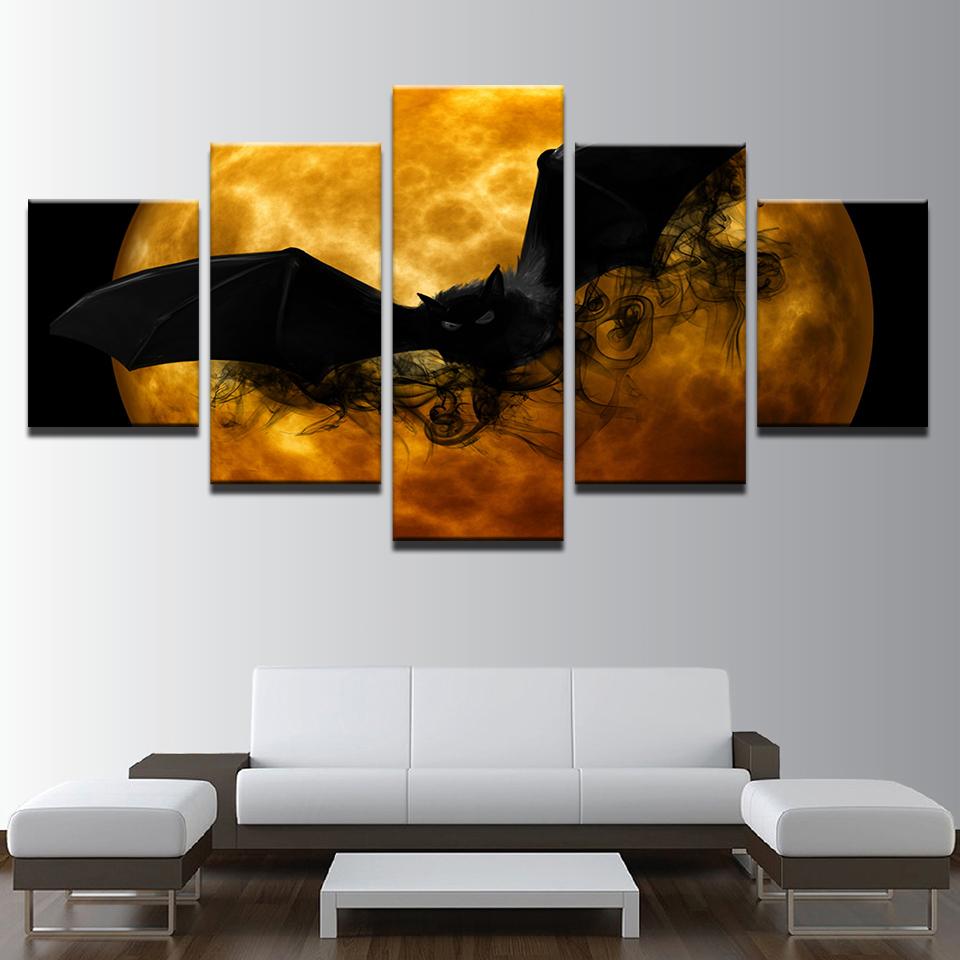 Black Bat Orange Moon - Animal 5 Panel Canvas Art Wall Decor Black Bat Orange Moon - Animal 5 Panel Canvas Art Wall Decor