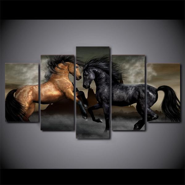 Black Brown Horses - Animal 5 Panel Canvas Art Wall Decor Black Brown Horses - Animal 5 Panel Canvas Art Wall Decor