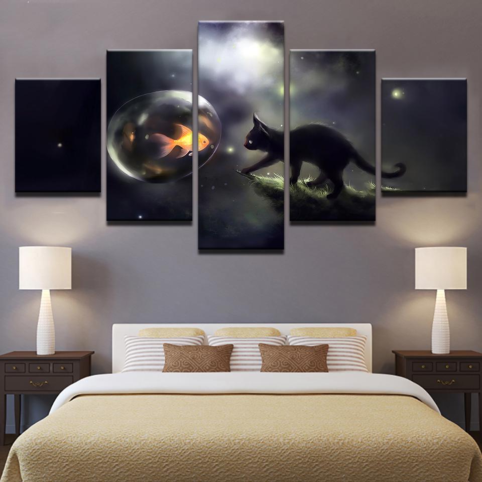 Black Cat Bubbles Goldfish - Animal 5 Panel Canvas Art Wall Decor Black Cat Bubbles Goldfish - Animal 5 Panel Canvas Art Wall Decor