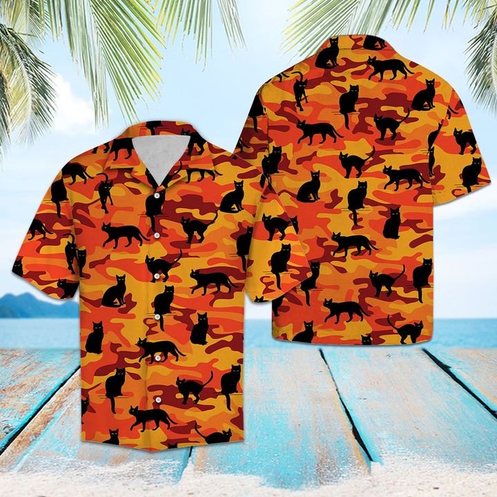 Black Cat Camo Hawaiian Shirt Summer Button Up Black Cat Camo Hawaiian Shirt Summer Button Up