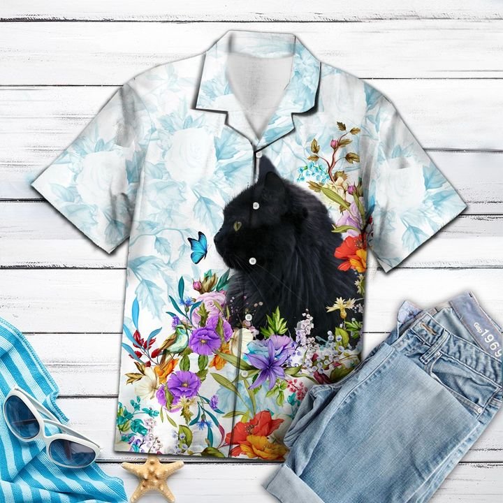 Black Cat Floral Hawaiian Shirt Summer Button Up Black Cat Floral Hawaiian Shirt Summer Button Up