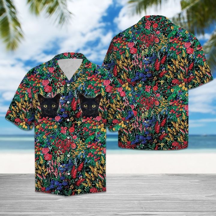 Black Cat Flowers Hawaiian Shirt Summer Button Up Black Cat Flowers Hawaiian Shirt Summer Button Up