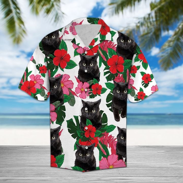 Black Cat Hibiscus Hawaiian Shirt Summer Button Up Black Cat Hibiscus Hawaiian Shirt Summer Button Up