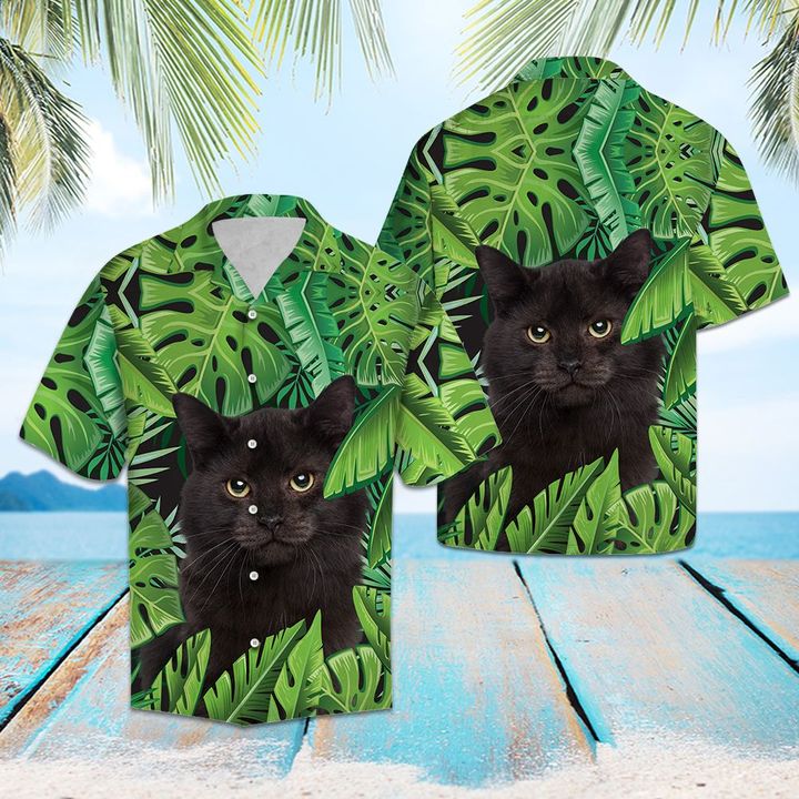 Black Cat Palm Leaves Hawaiian Shirt Summer Button Up Black Cat Palm Leaves Hawaiian Shirt Summer Button Up