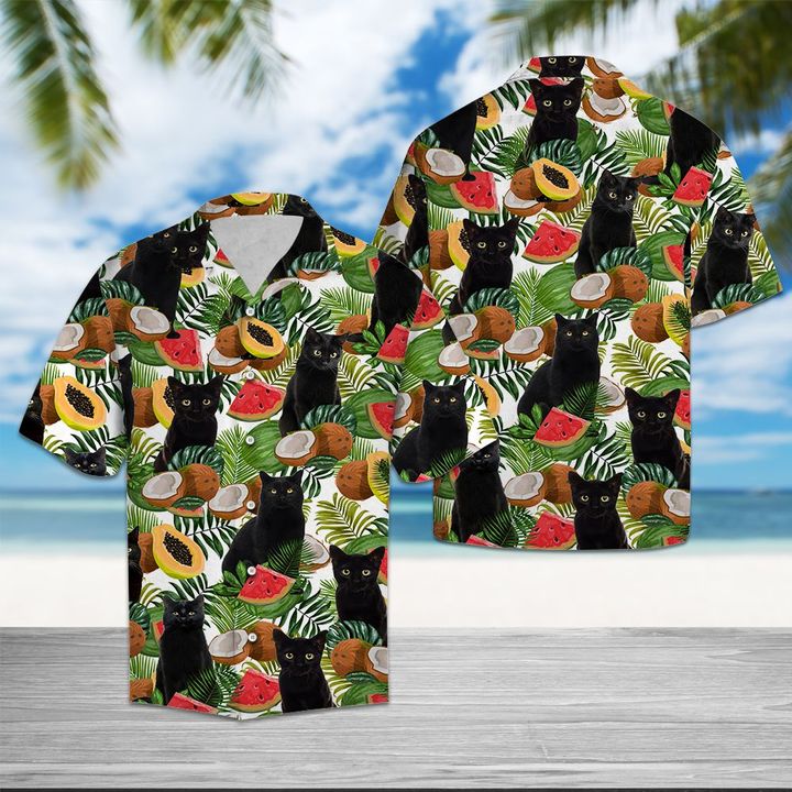 Black Cat Tropical Fruit Hawaiian Shirt Summer Button Up Black Cat Tropical Fruit Hawaiian Shirt Summer Button Up