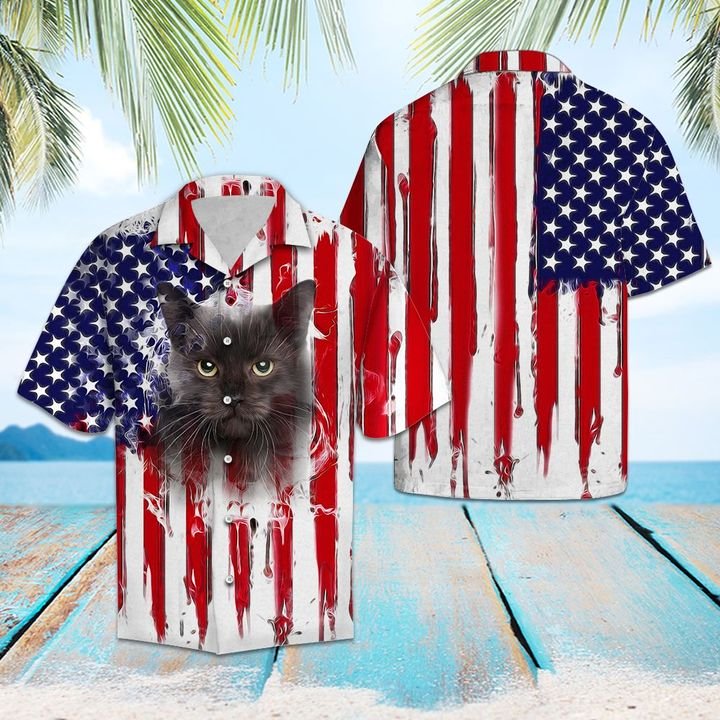 Black Cat Us Flag Pattern Hawaiian Shirt Summer Button Up Black Cat Us Flag Pattern Hawaiian Shirt Summer Button Up