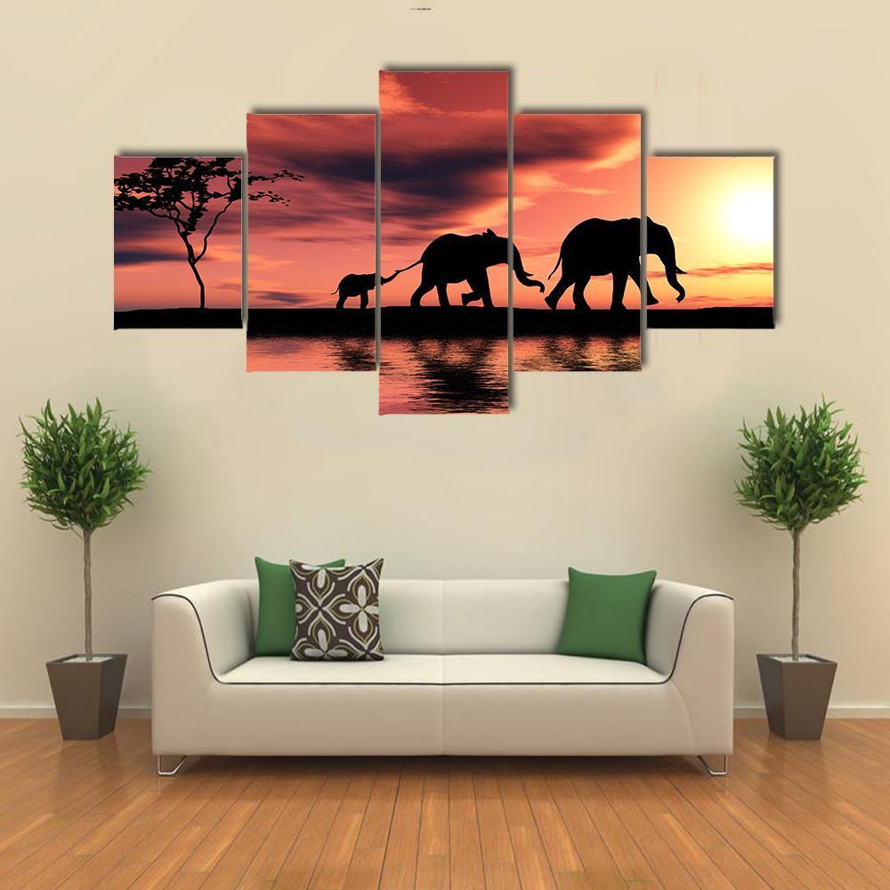 Black Elephant Silhouettes By A River - Animal 5 Panel Canvas Art Wall Decor Black Elephant Silhouettes By A River - Animal 5 Panel Canvas Art Wall Decor