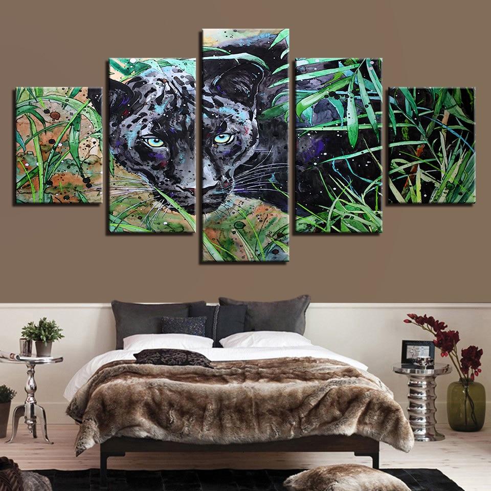 Black Leopard And Green Leaf - Animal 5 Panel Canvas Art Wall Decor Black Leopard And Green Leaf - Animal 5 Panel Canvas Art Wall Decor