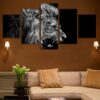 Black & White Lion Roaring - Animal 5 Panel Canvas Art Wall Decor