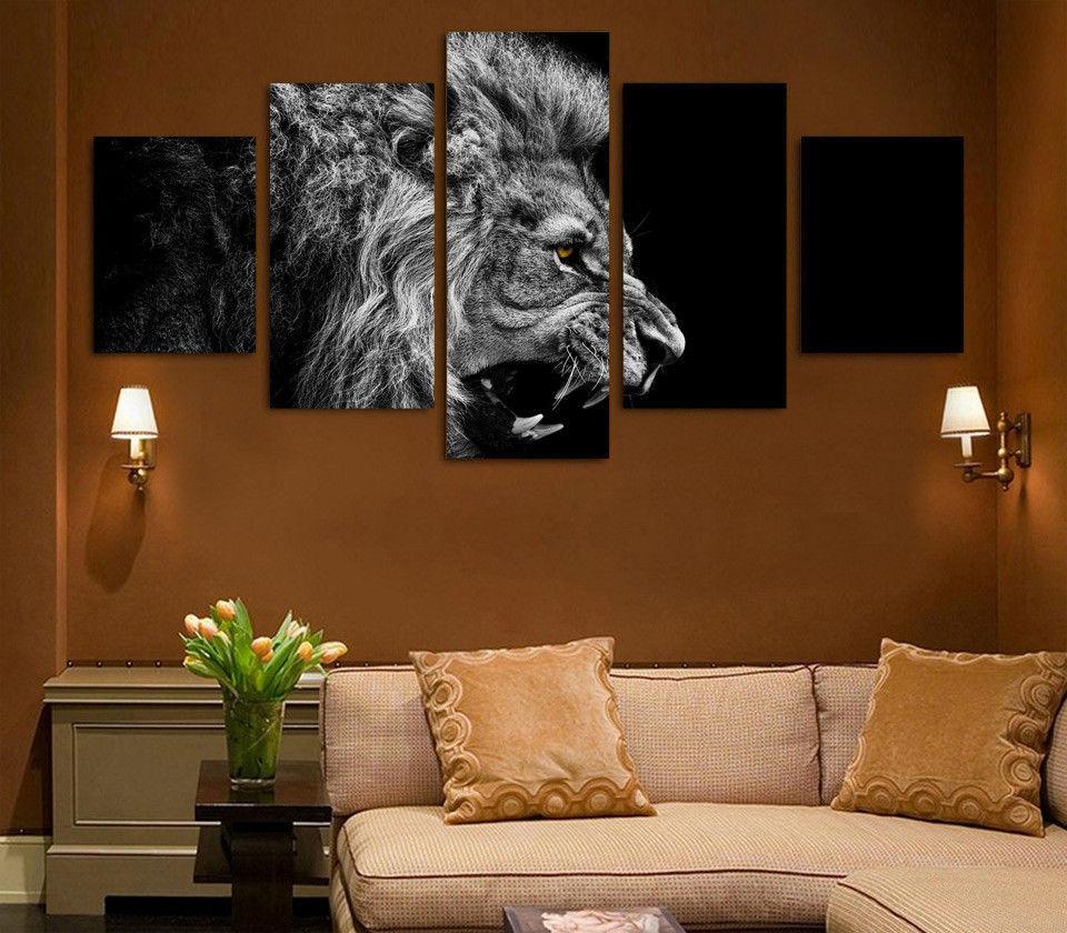 Black & White Lion Roaring - Animal 5 Panel Canvas Art Wall Decor Black & White Lion Roaring - Animal 5 Panel Canvas Art Wall Decor