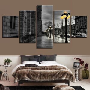 Black White London City Streetscape - Nature 5 Panel Canvas Art Wall Decor