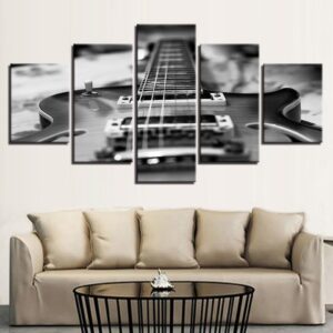 Black White Vintage Guitar - Music 5 Panel Canvas Art Wall Decor