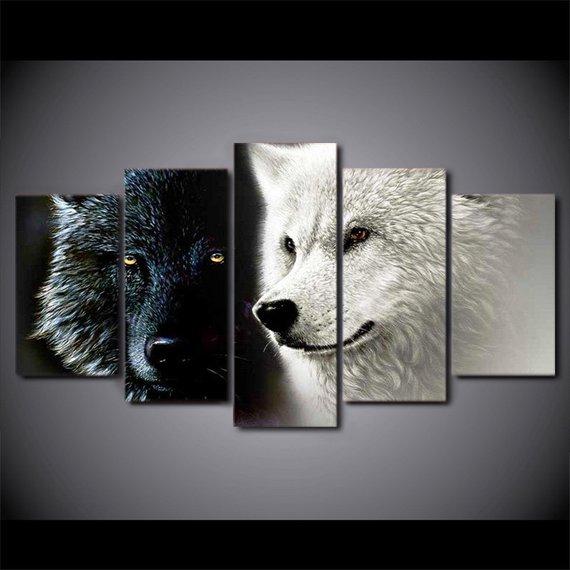 Black & White Wolves - Animal 5 Panel Canvas Art Wall Decor Black & White Wolves - Animal 5 Panel Canvas Art Wall Decor