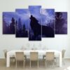 Black Wolf Howling At Night - Animal 5 Panel Canvas Art Wall Decor