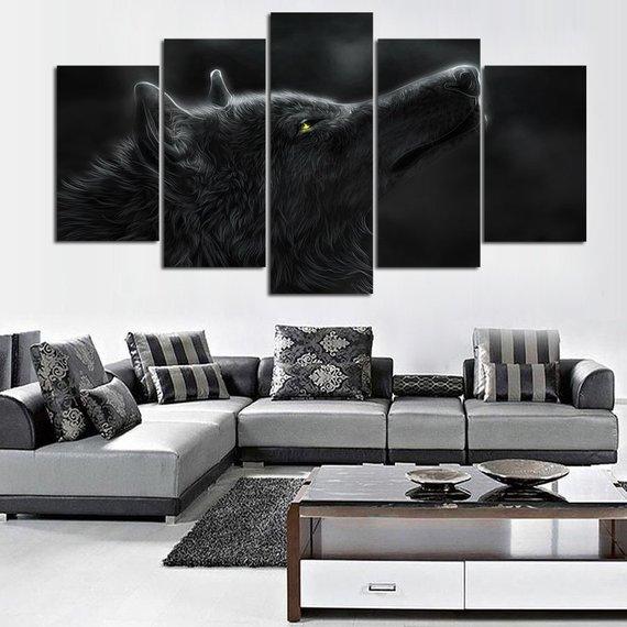 Black Wolf Into The Night - Animal 5 Panel Canvas Art Wall Decor Black Wolf Into The Night - Animal 5 Panel Canvas Art Wall Decor