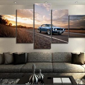 Blue 1969 Chevy Camaro Rs Ss Rally Hockey Stripe Road 1 - Automative 5 Panel Canvas Art Wall Decor