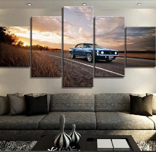 Blue 1969 Chevy Camaro Rs Ss Rally Hockey Stripe Road 1 - Automative 5 Panel Canvas Art Wall Decor Blue 1969 Chevy Camaro Rs Ss Rally Hockey Stripe Road 1 - Automative 5 Panel Canvas Art Wall Decor