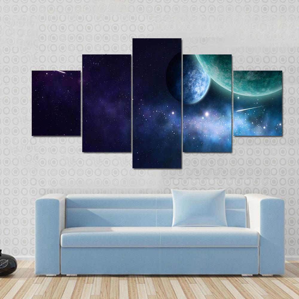 Blue And Purple Nebula On Black - Space 5 Panel Canvas Art Wall Decor Blue And Purple Nebula On Black - Space 5 Panel Canvas Art Wall Decor