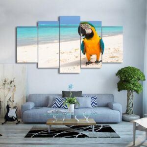 Blue And Yellow Macaw On The Beach - Animal 5 Panel Canvas Art Wall Decor
