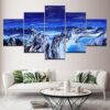 Blue Aurora Borealis Snow Mountain - Nature 5 Panel Canvas Art Wall Decor