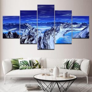 Blue Aurora Borealis Snow Mountain - Nature 5 Panel Canvas Art Wall Decor