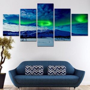 Blue Aurora Borealis - Nature 5 Panel Canvas Art Wall Decor