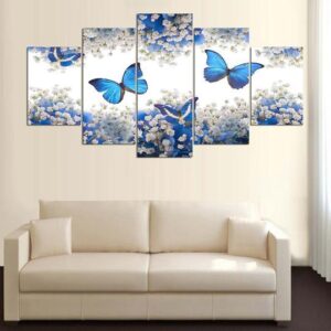 Blue Butterflies - Nature 5 Panel Canvas Art Wall Decor