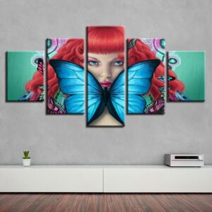 Blue Butterfly And Woman - Abstract 5 Panel Canvas Art Wall Decor