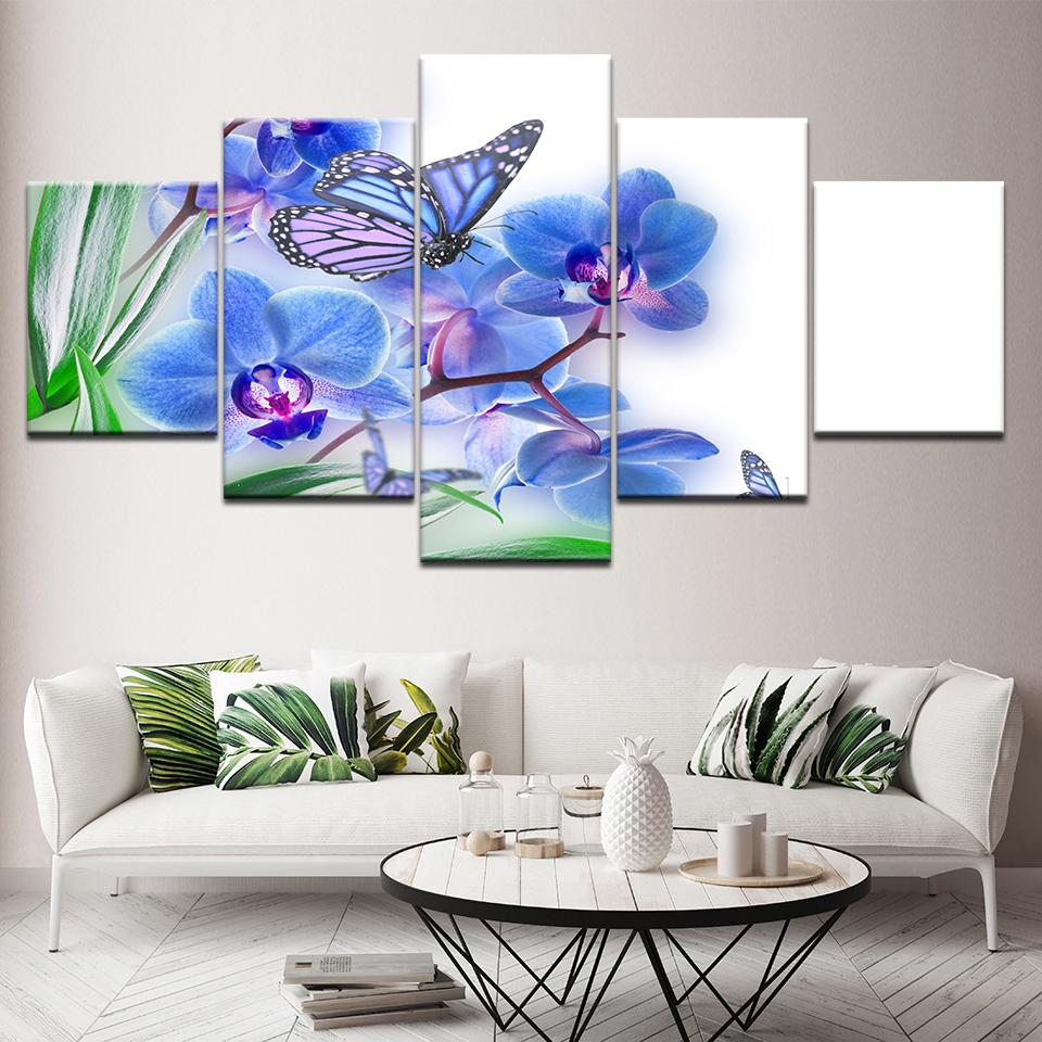 Blue Butterfly Flowers - Nature 5 Panel Canvas Art Wall Decor Blue Butterfly Flowers - Nature 5 Panel Canvas Art Wall Decor