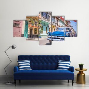 Blue Classic Vintage Car In Havana - Automative 5 Panel Canvas Art Wall Decor