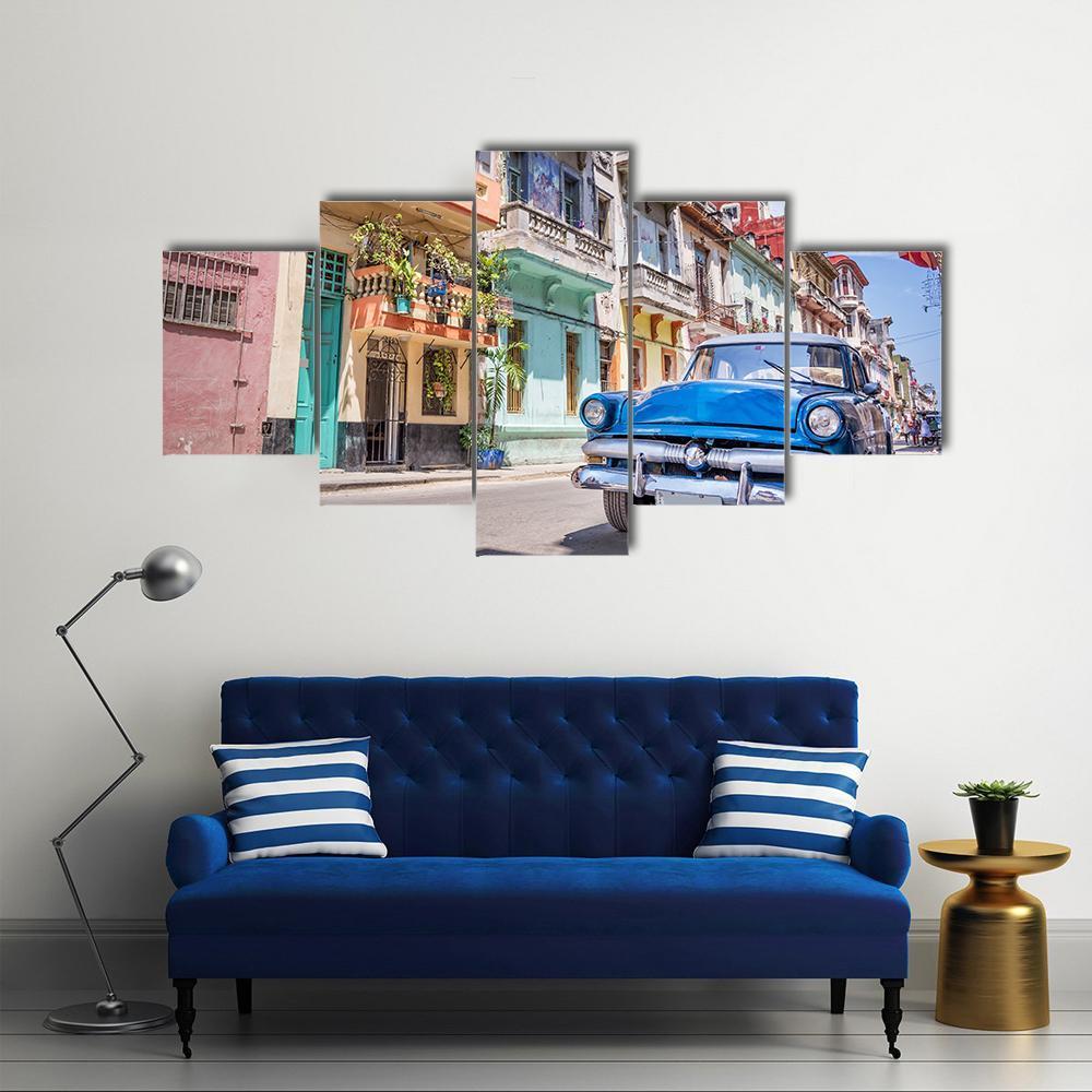 Blue Classic Vintage Car In Havana - Automative 5 Panel Canvas Art Wall Decor Blue Classic Vintage Car In Havana - Automative 5 Panel Canvas Art Wall Decor