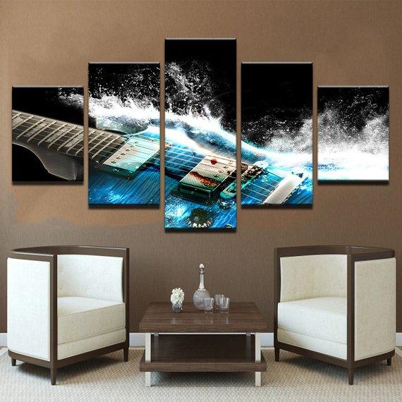 Blue Electric Guitar 02 - Music 5 Panel Canvas Art Wall Decor Blue Electric Guitar 02 - Music 5 Panel Canvas Art Wall Decor