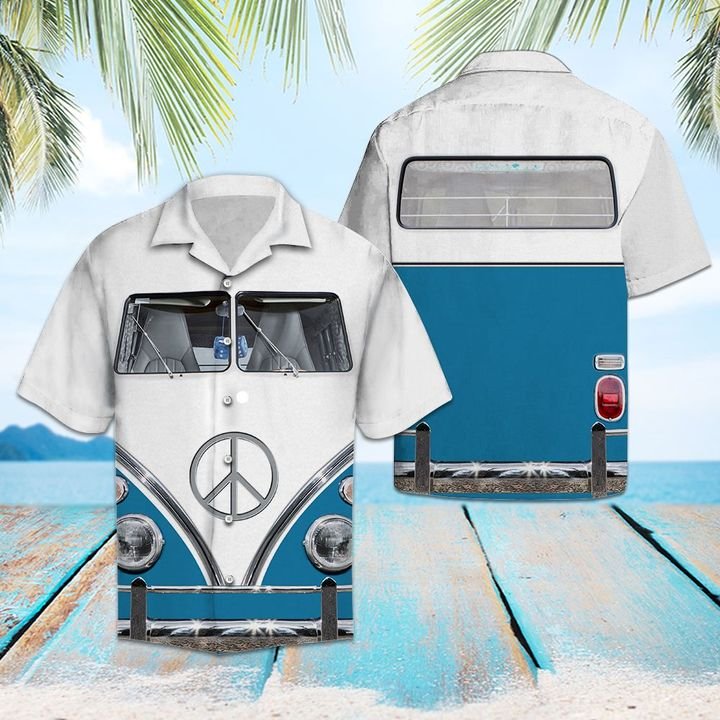 Blue Hippie Bus Hawaiian Shirt Summer Button Up Blue Hippie Bus Hawaiian Shirt Summer Button Up