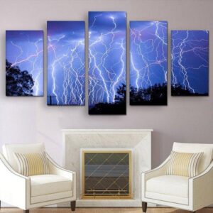 Blue Lightning 01 - Nature 5 Panel Canvas Art Wall Decor