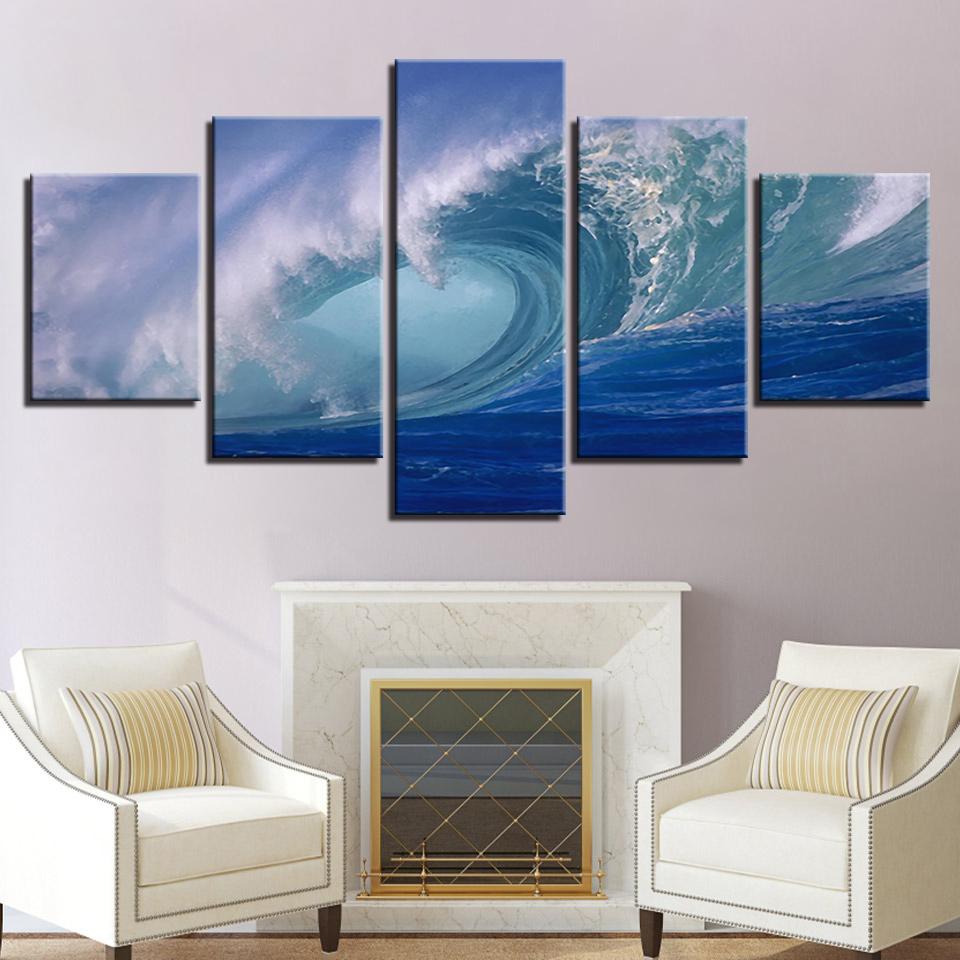 Blue Ocean Sea Rolling Waves Seascape - Nature 5 Panel Canvas Art Wall Decor Blue Ocean Sea Rolling Waves Seascape - Nature 5 Panel Canvas Art Wall Decor