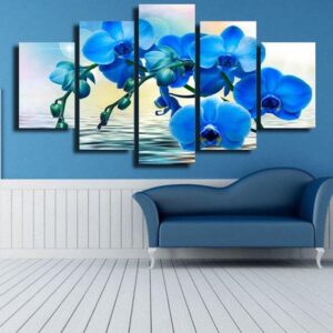 Blue Orchid Floral - Nature 5 Panel Canvas Art Wall Decor