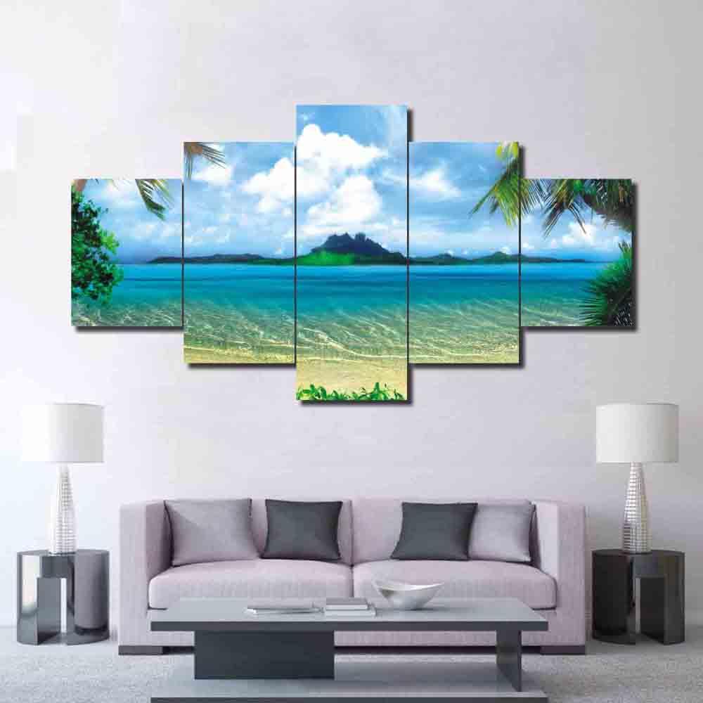 Blue Sea And Island - Space 5 Panel Canvas Art Wall Decor Blue Sea And Island - Space 5 Panel Canvas Art Wall Decor