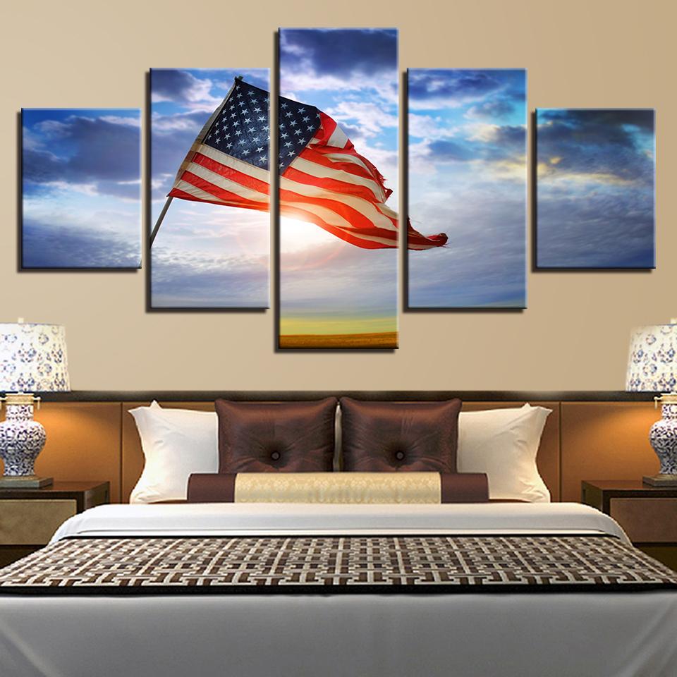 Blue Sky American Flag - Abstract 5 Panel Canvas Art Wall Decor Blue Sky American Flag - Abstract 5 Panel Canvas Art Wall Decor