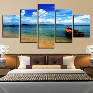 Blue Sky Cloud Beach Boat - Space 5 Panel Canvas Art Wall Decor