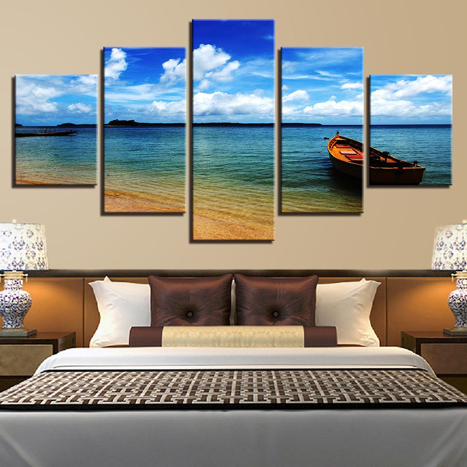 Blue Sky Cloud Beach Boat - Space 5 Panel Canvas Art Wall Decor Blue Sky Cloud Beach Boat - Space 5 Panel Canvas Art Wall Decor