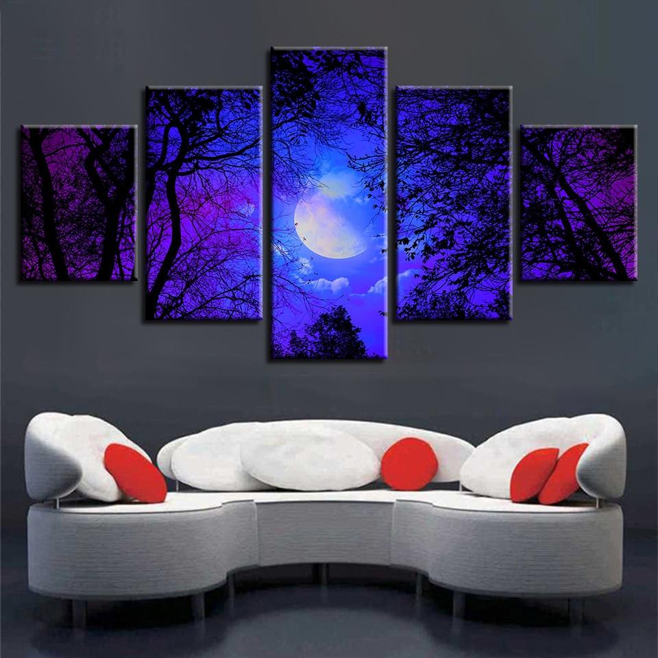 Blue Sky Moon - Space 5 Panel Canvas Art Wall Decor Blue Sky Moon - Space 5 Panel Canvas Art Wall Decor