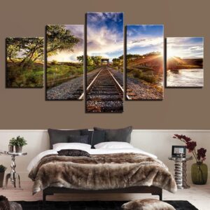 Blue Sky Railway Sights Sunset Trees - Nature 5 Panel Canvas Art Wall Decor