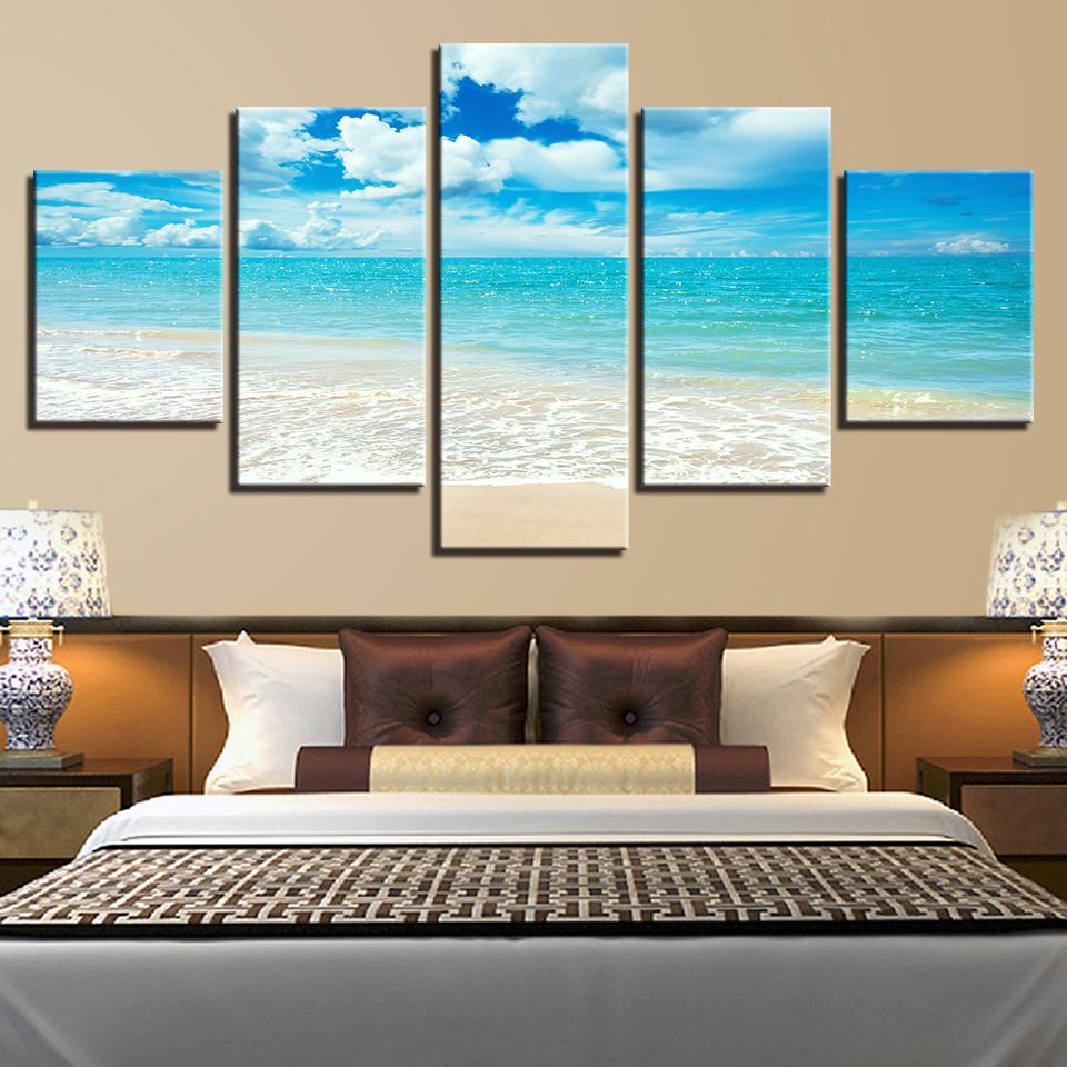 Blue Sky Sea Waves Beach - Space 5 Panel Canvas Art Wall Decor Blue Sky Sea Waves Beach - Space 5 Panel Canvas Art Wall Decor